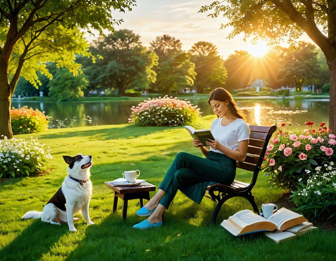 A serene scene depicting a person experiencing small joys in everyday life, such as sipping coffee while watching a sunrise, playing with a dog in a park, and enjoying a good book. The background showcases a lush green landscape and blooming flowers, symbolizing tranquility and happiness. Warm, soft colors to evoke feelings of joy and fulfillment. super-realistic. vibrant colors.
