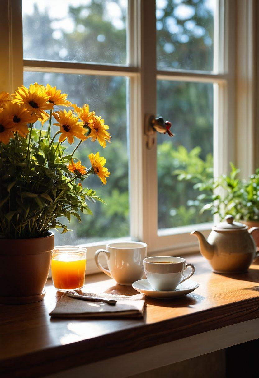 A serene scene depicting a cozy, sunlit kitchen with a steaming cup of tea, a blooming plant on the windowsill, and a tiny colorful bird perched nearby, all symbolizing life's small delights. Super-realistic. Warm tones. Soft focus.