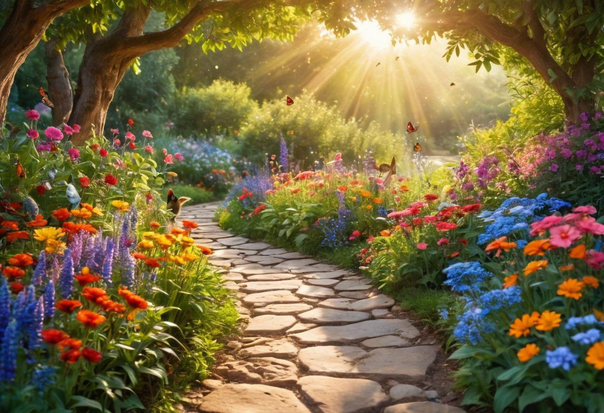A whimsical scene depicting a joyful character exploring a vibrant garden filled with colorful flowers, butterflies, and small animals. The sunlight filters through the leaves, casting a warm glow on the character's smiling face, as they gather tiny treasures like a sparkling dewdrop and a delicate feather. The background features a winding path leading towards a bright, inviting horizon. This image captures the essence of joy and the beauty of life's simple pleasures. vibrant colors. soft focus.